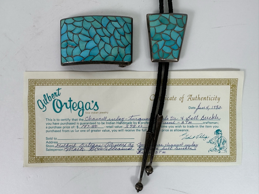 Channel Inlay Turquoise Bolo Tie & Matching Belt Buckle Zuni Native American Signed STM [CA] [Photo 2]
