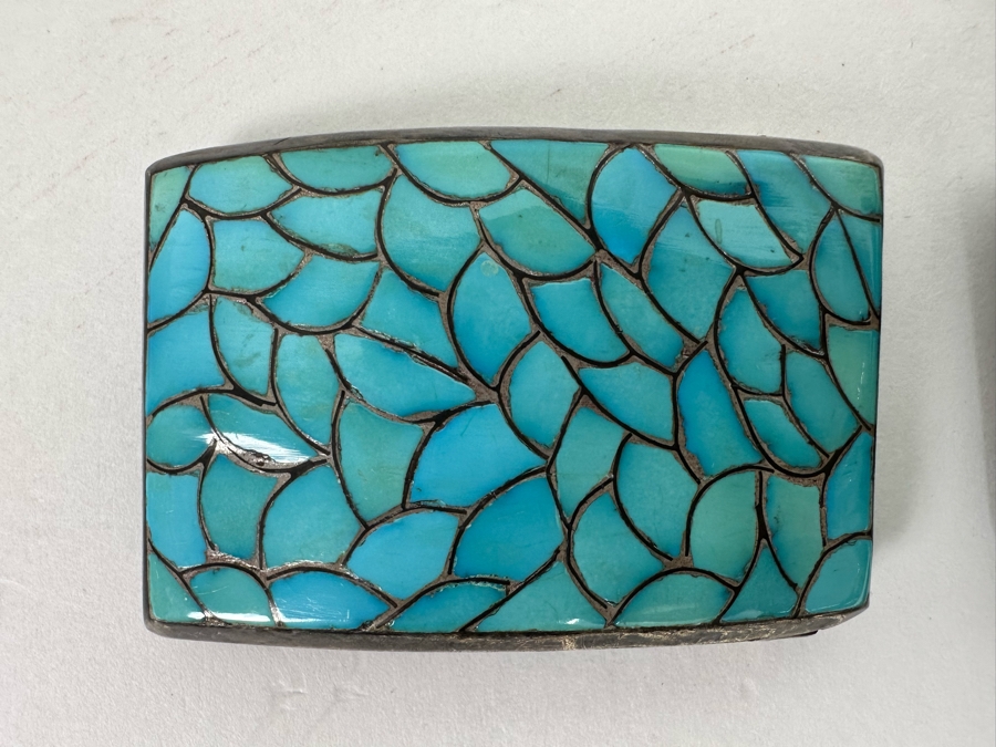 Channel Inlay Turquoise Bolo Tie & Matching Belt Buckle Zuni Native American Signed STM [CA] [Photo 5]