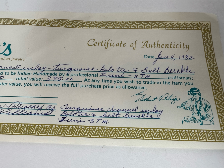 Channel Inlay Turquoise Bolo Tie & Matching Belt Buckle Zuni Native American Signed STM [CA] [Photo 12]