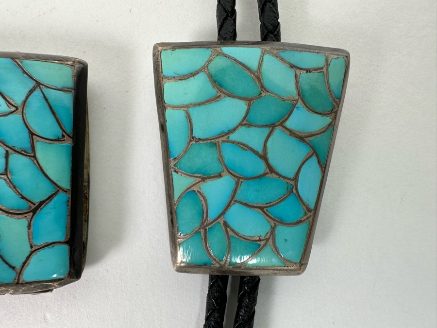 Channel Inlay Turquoise Bolo Tie & Matching Belt Buckle Zuni Native American Signed STM [CA] [Photo 6]