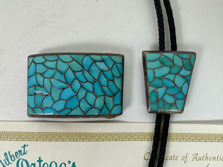 Channel Inlay Turquoise Bolo Tie & Matching Belt Buckle Zuni Native American Signed STM [CA] [Photo 4]