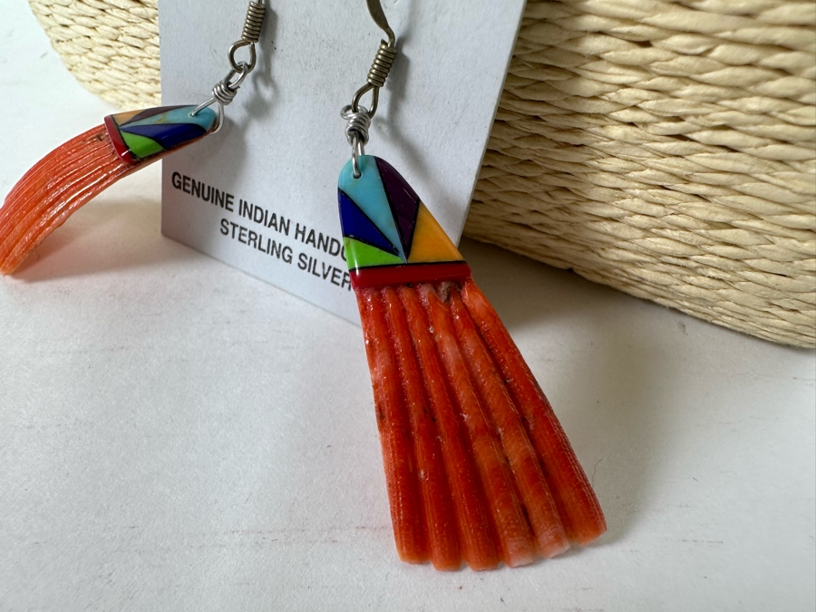 Native American Sterling Silver Inlaid Stone Pendant 20' Necklace With Earrings [CA] [Photo 7]