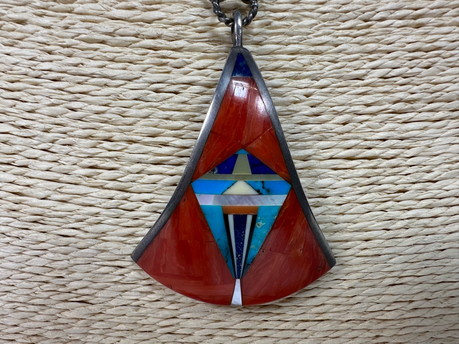 Native American Sterling Silver Inlaid Stone Pendant 20' Necklace With Earrings [CA] [Photo 4]