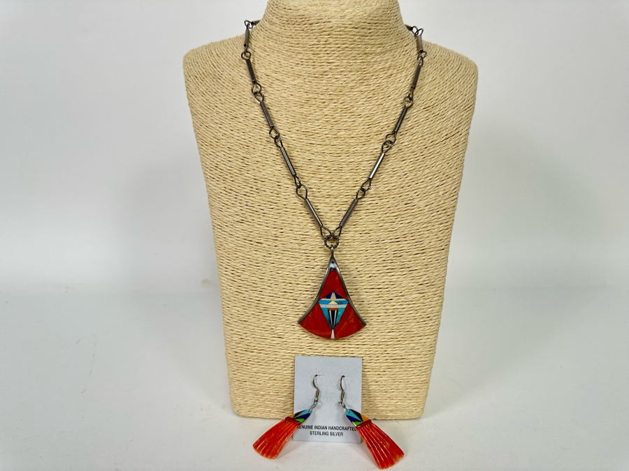 Native American Sterling Silver Inlaid Stone Pendant 20' Necklace With Earrings [CA] [Photo 2]