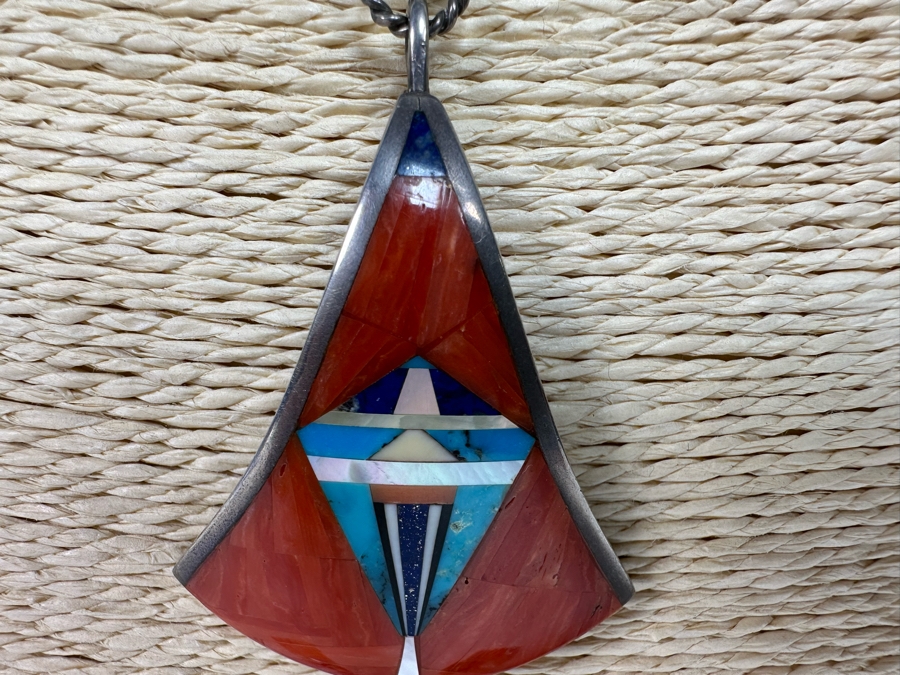 Native American Sterling Silver Inlaid Stone Pendant 20' Necklace With Earrings [CA] [Photo 6]