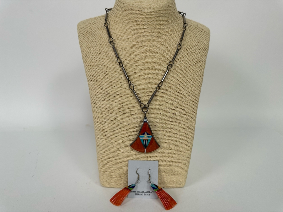 Native American Sterling Silver Inlaid Stone Pendant 20' Necklace With Earrings [CA] [Photo 3]