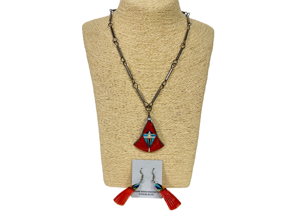Native American Sterling Silver Inlaid Stone Pendant 20' Necklace With Earrings [CA]