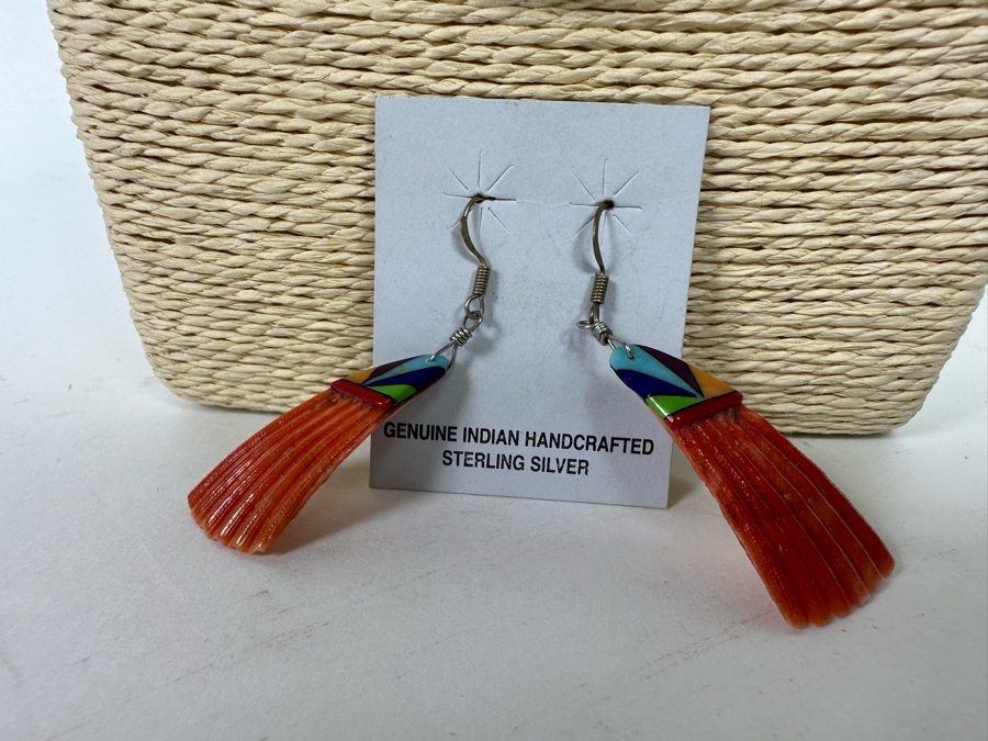 Native American Sterling Silver Inlaid Stone Pendant 20' Necklace With Earrings [CA] [Photo 8]