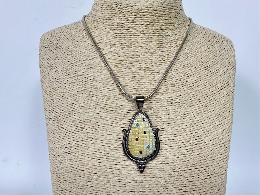 Beverly Etsate Zuni Native American Sterling Silver Corn Pendant With Sterling Silver Necklace And Matching Earrings 28.9g [CA] [Photo 3]