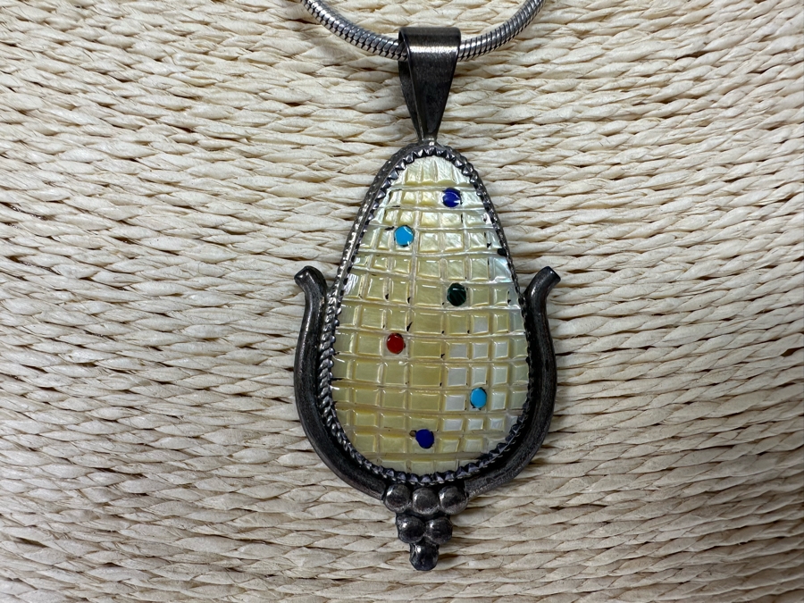 Beverly Etsate Zuni Native American Sterling Silver Corn Pendant With Sterling Silver Necklace And Matching Earrings 28.9g [CA] [Photo 5]