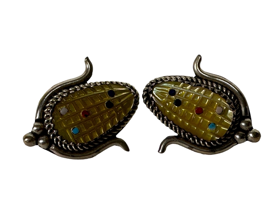 Beverly Etsate Zuni Native American Sterling Silver Corn Pendant With Sterling Silver Necklace And Matching Earrings 28.9g [CA] [Photo 2]