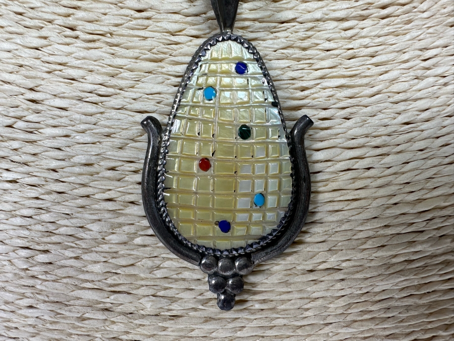 Beverly Etsate Zuni Native American Sterling Silver Corn Pendant With Sterling Silver Necklace And Matching Earrings 28.9g [CA] [Photo 6]