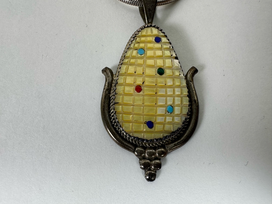 Beverly Etsate Zuni Native American Sterling Silver Corn Pendant With Sterling Silver Necklace And Matching Earrings 28.9g [CA] [Photo 9]