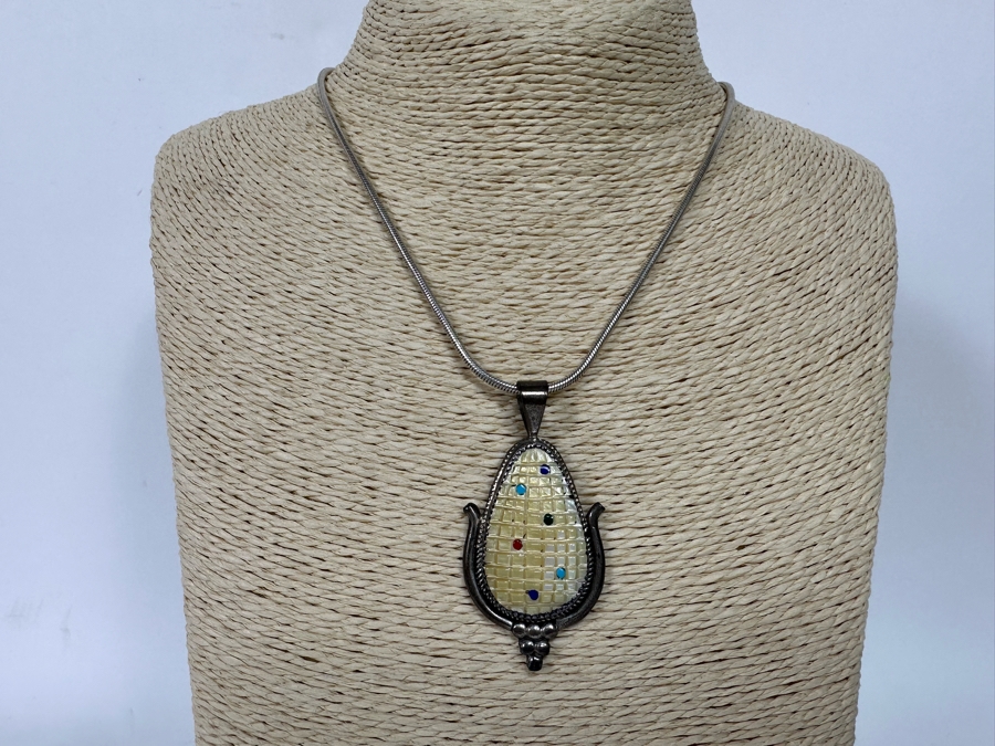 Beverly Etsate Zuni Native American Sterling Silver Corn Pendant With Sterling Silver Necklace And Matching Earrings 28.9g [CA] [Photo 4]