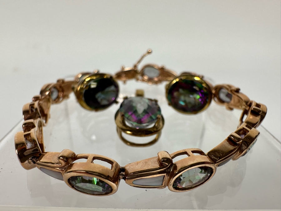 14K Gold Mystic Fire Topaz 7' Bracelet With Matching Earrings And Pendant Signed KL 26.4g [CA] [Photo 33]