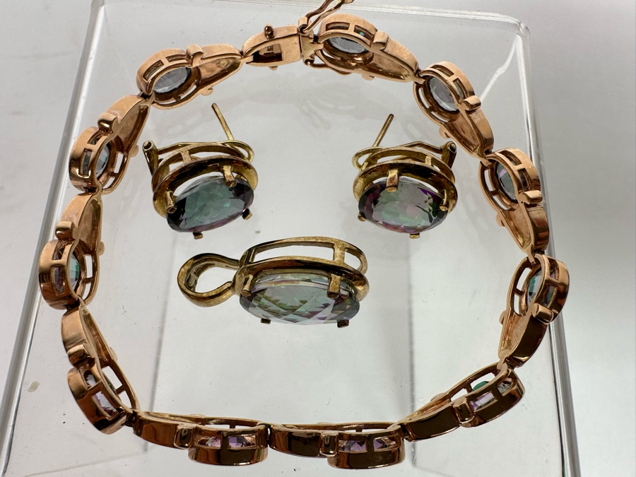 14K Gold Mystic Fire Topaz 7' Bracelet With Matching Earrings And Pendant Signed KL 26.4g [CA] [Photo 21]
