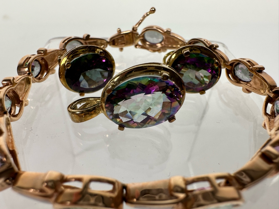 14K Gold Mystic Fire Topaz 7' Bracelet With Matching Earrings And Pendant Signed KL 26.4g [CA] [Photo 16]
