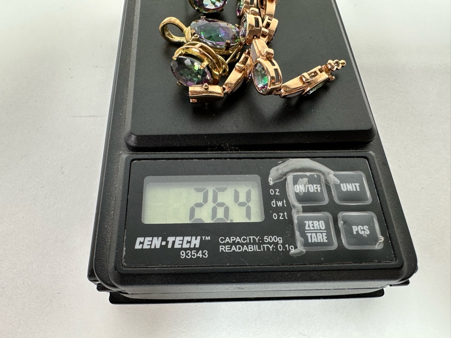 14K Gold Mystic Fire Topaz 7' Bracelet With Matching Earrings And Pendant Signed KL 26.4g [CA] [Photo 41]