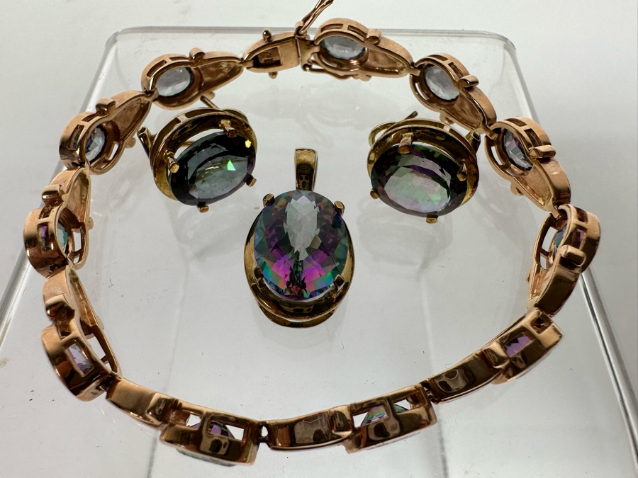 14K Gold Mystic Fire Topaz 7' Bracelet With Matching Earrings And Pendant Signed KL 26.4g [CA] [Photo 22]