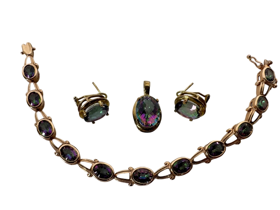 14K Gold Mystic Fire Topaz 7' Bracelet With Matching Earrings And Pendant Signed KL 26.4g [CA] [Photo 2]