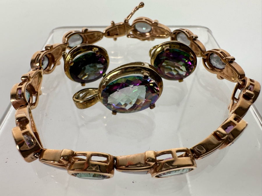 14K Gold Mystic Fire Topaz 7' Bracelet With Matching Earrings And Pendant Signed KL 26.4g [CA] [Photo 10]