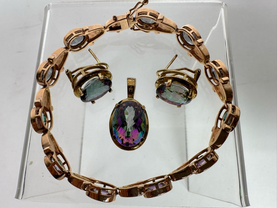14K Gold Mystic Fire Topaz 7' Bracelet With Matching Earrings And Pendant Signed KL 26.4g [CA] [Photo 25]