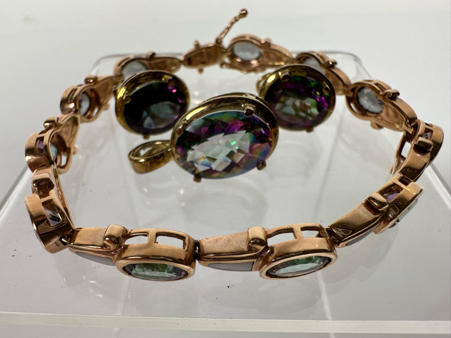 14K Gold Mystic Fire Topaz 7' Bracelet With Matching Earrings And Pendant Signed KL 26.4g [CA] [Photo 11]