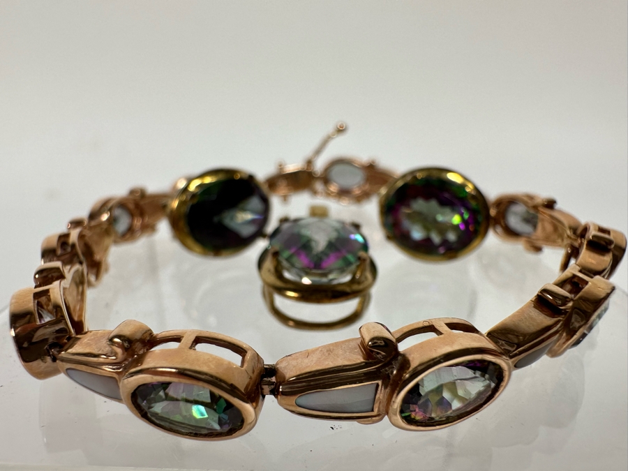 14K Gold Mystic Fire Topaz 7' Bracelet With Matching Earrings And Pendant Signed KL 26.4g [CA] [Photo 32]