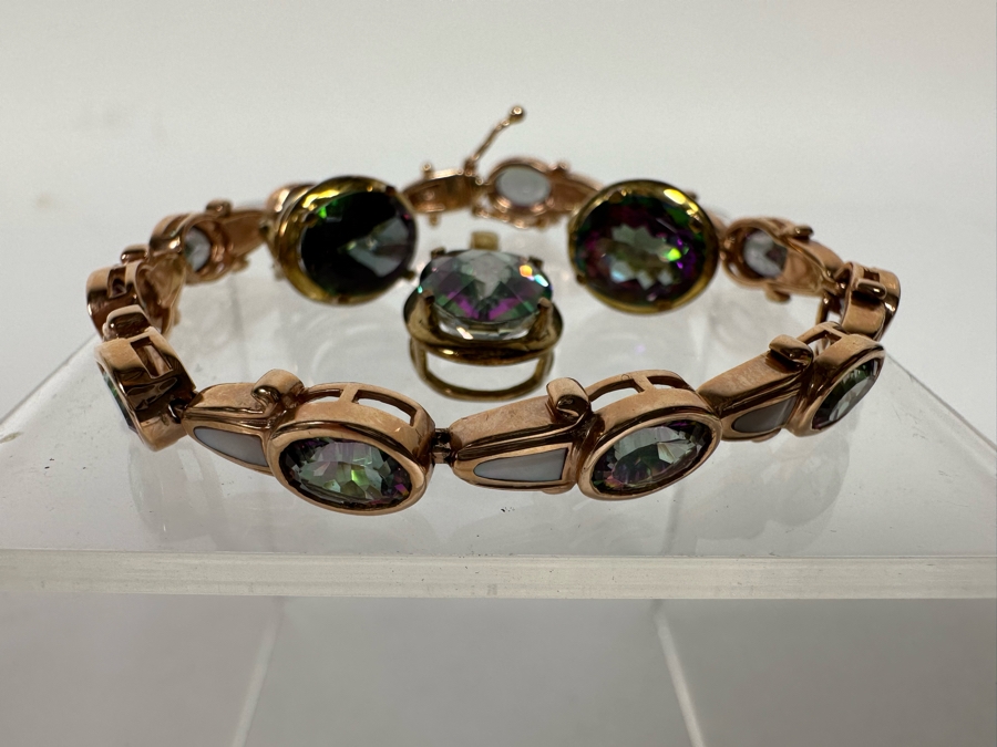 14K Gold Mystic Fire Topaz 7' Bracelet With Matching Earrings And Pendant Signed KL 26.4g [CA] [Photo 23]
