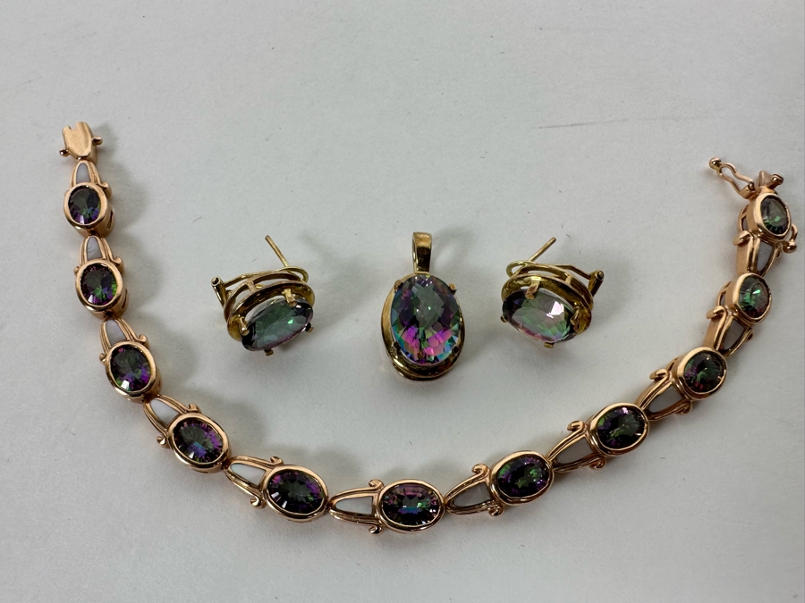14K Gold Mystic Fire Topaz 7' Bracelet With Matching Earrings And Pendant Signed KL 26.4g [CA] [Photo 5]