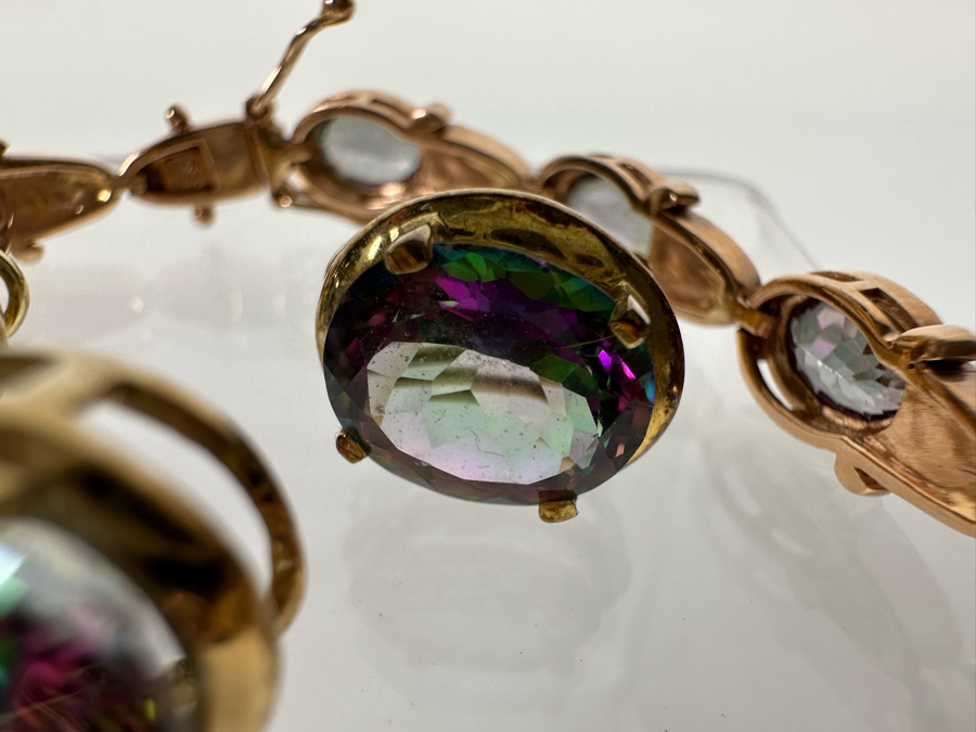 14K Gold Mystic Fire Topaz 7' Bracelet With Matching Earrings And Pendant Signed KL 26.4g [CA] [Photo 19]