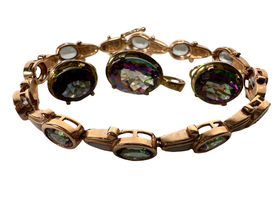 14K Gold Mystic Fire Topaz 7' Bracelet With Matching Earrings And Pendant Signed KL 26.4g [CA] [Photo 1]