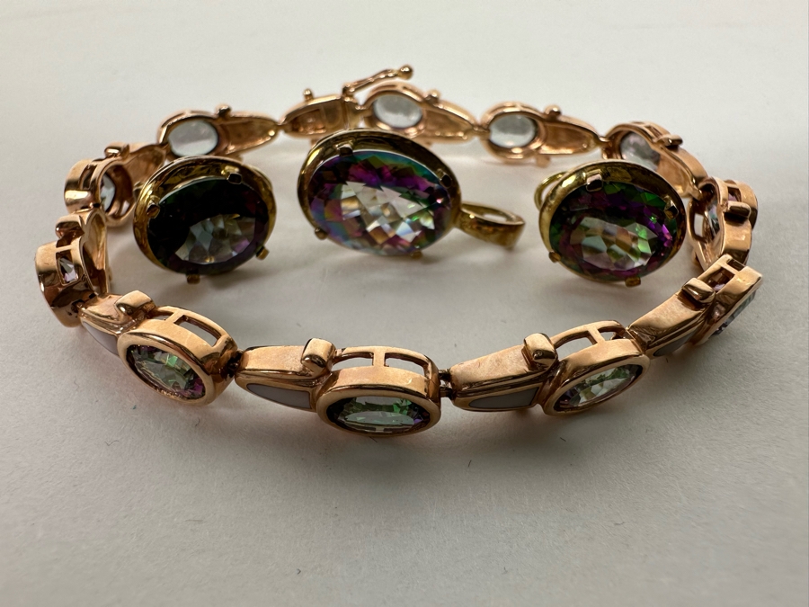 14K Gold Mystic Fire Topaz 7' Bracelet With Matching Earrings And Pendant Signed KL 26.4g [CA] [Photo 3]