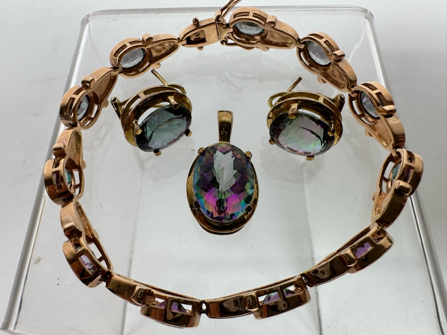 14K Gold Mystic Fire Topaz 7' Bracelet With Matching Earrings And Pendant Signed KL 26.4g [CA] [Photo 24]