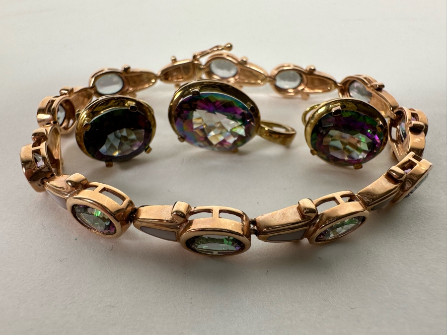 14K Gold Mystic Fire Topaz 7' Bracelet With Matching Earrings And Pendant Signed KL 26.4g [CA] [Photo 4]