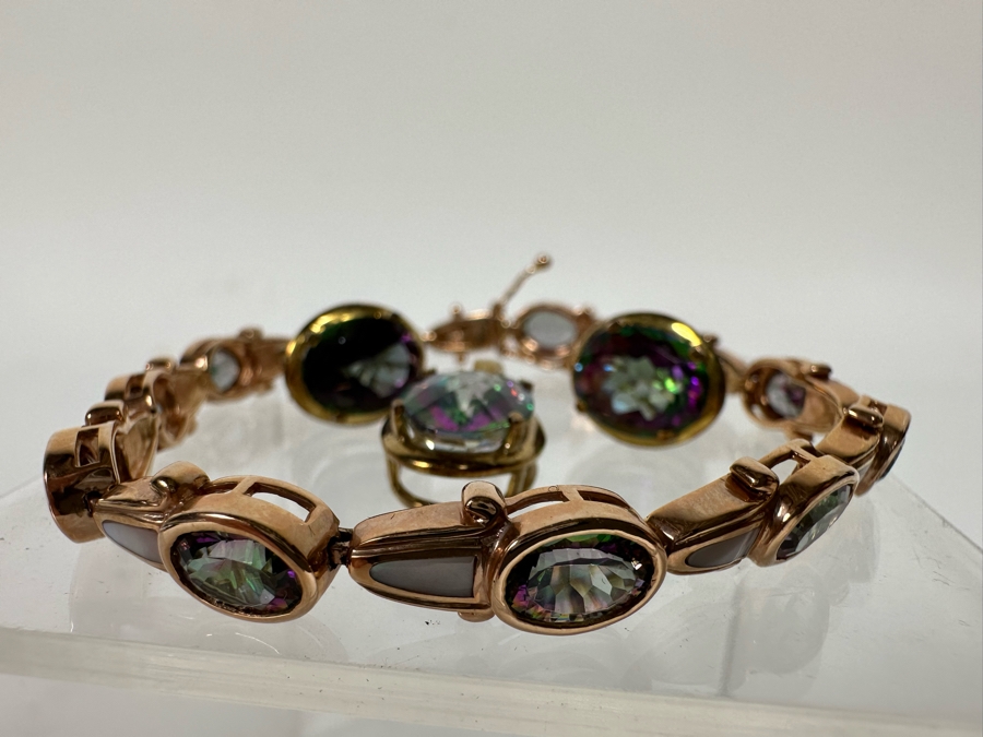 14K Gold Mystic Fire Topaz 7' Bracelet With Matching Earrings And Pendant Signed KL 26.4g [CA] [Photo 31]