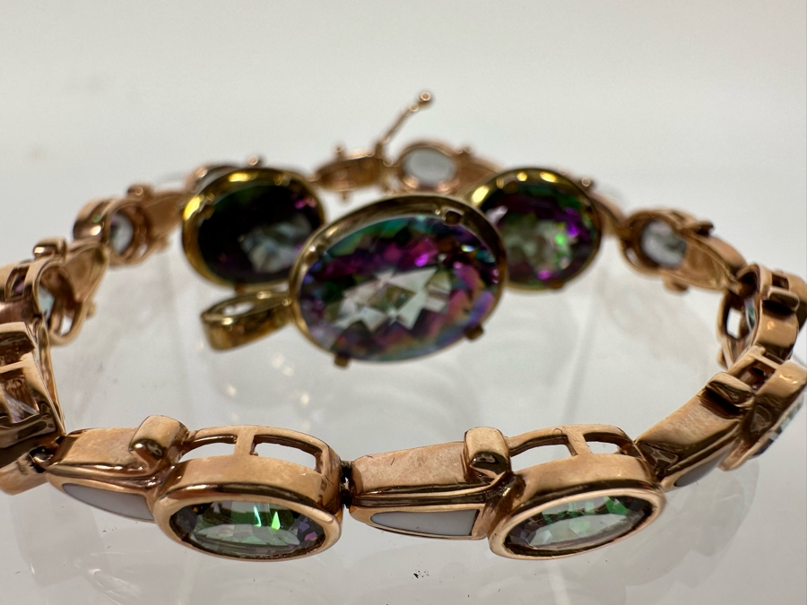 14K Gold Mystic Fire Topaz 7' Bracelet With Matching Earrings And Pendant Signed KL 26.4g [CA] [Photo 15]
