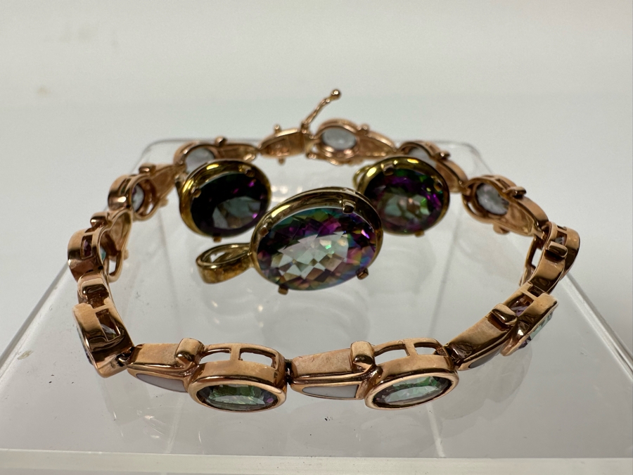 14K Gold Mystic Fire Topaz 7' Bracelet With Matching Earrings And Pendant Signed KL 26.4g [CA] [Photo 9]