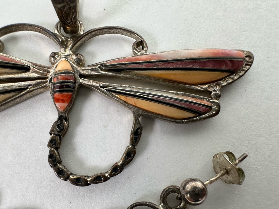 Sterling Silver With Inlaid Stones Dragonfly Pendant And Matching Earrings Signed 15.9g [CA] [Photo 6]