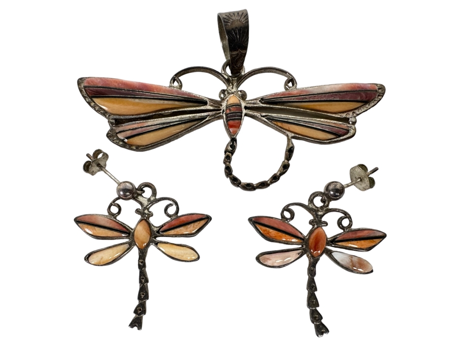Sterling Silver With Inlaid Stones Dragonfly Pendant And Matching Earrings Signed 15.9g [CA] [Photo 1]
