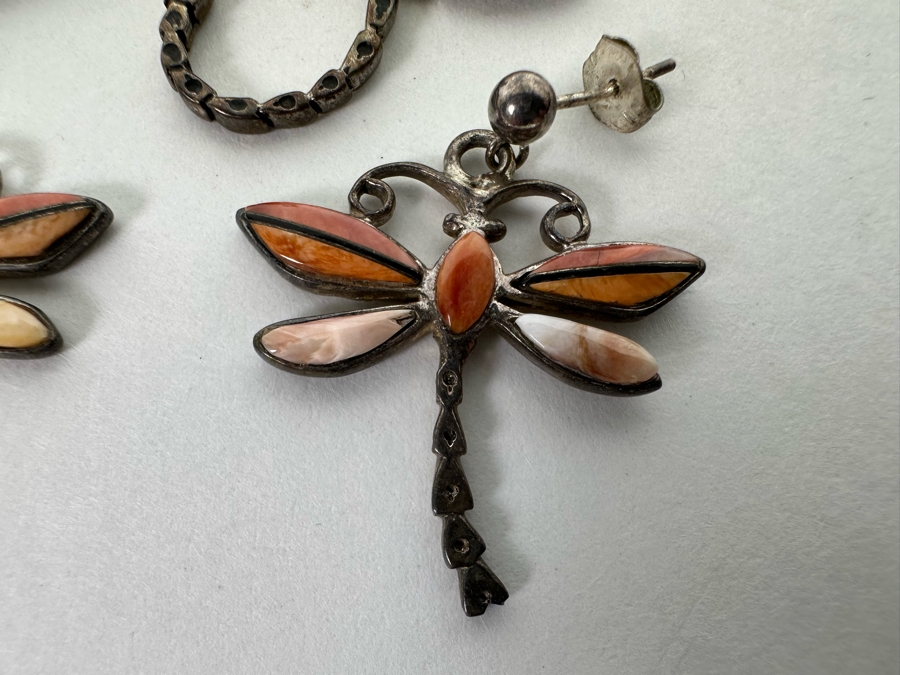 Sterling Silver With Inlaid Stones Dragonfly Pendant And Matching Earrings Signed 15.9g [CA] [Photo 7]