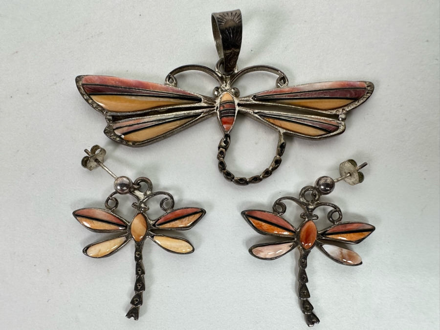 Sterling Silver With Inlaid Stones Dragonfly Pendant And Matching Earrings Signed 15.9g [CA] [Photo 3]