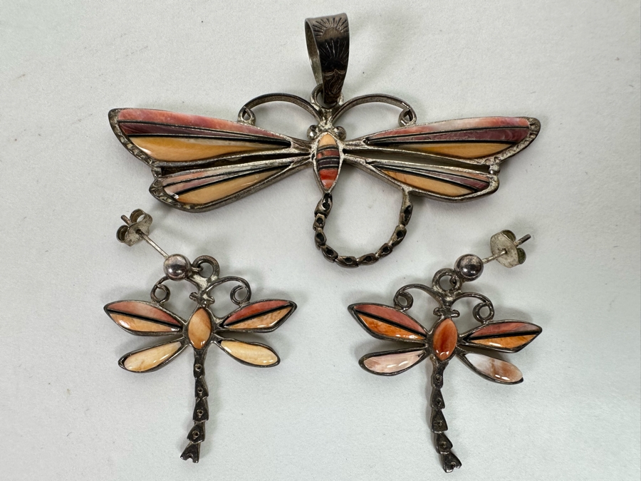 Sterling Silver With Inlaid Stones Dragonfly Pendant And Matching Earrings Signed 15.9g [CA] [Photo 2]