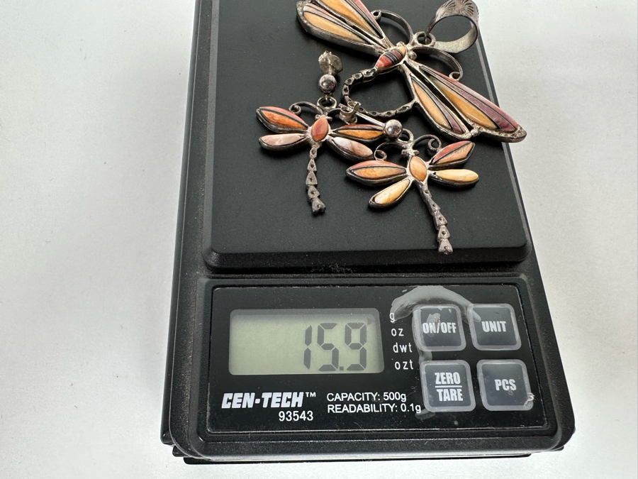 Sterling Silver With Inlaid Stones Dragonfly Pendant And Matching Earrings Signed 15.9g [CA] [Photo 11]