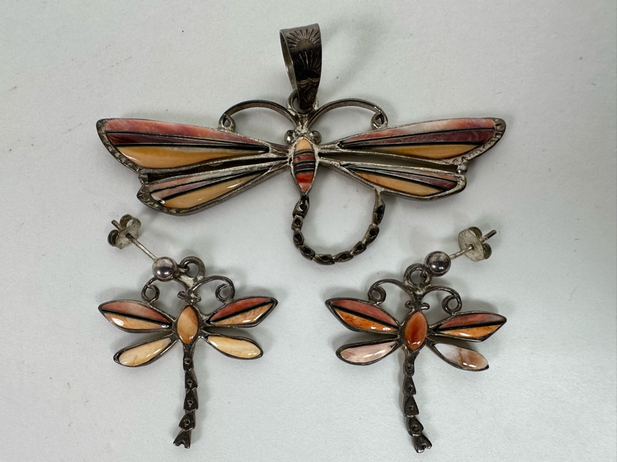 Sterling Silver With Inlaid Stones Dragonfly Pendant And Matching Earrings Signed 15.9g [CA] [Photo 4]