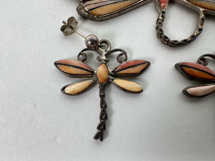 Sterling Silver With Inlaid Stones Dragonfly Pendant And Matching Earrings Signed 15.9g [CA] [Photo 8]
