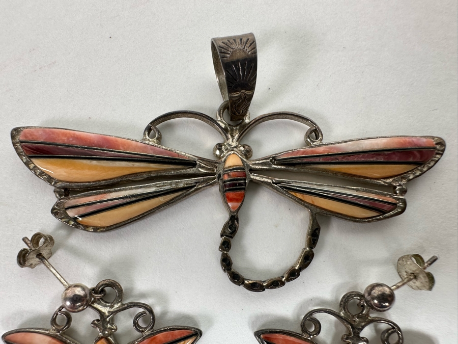 Sterling Silver With Inlaid Stones Dragonfly Pendant And Matching Earrings Signed 15.9g [CA] [Photo 5]