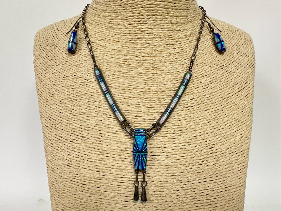 D. Lucio Native American Zuni Sterling Silver Pendant 16' Necklace With Matching Earrings 19.3g [CA] [Photo 3]