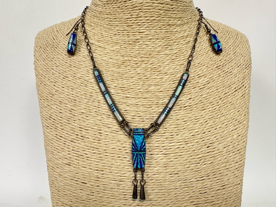 D. Lucio Native American Zuni Sterling Silver Pendant 16' Necklace With Matching Earrings 19.3g [CA] [Photo 2]