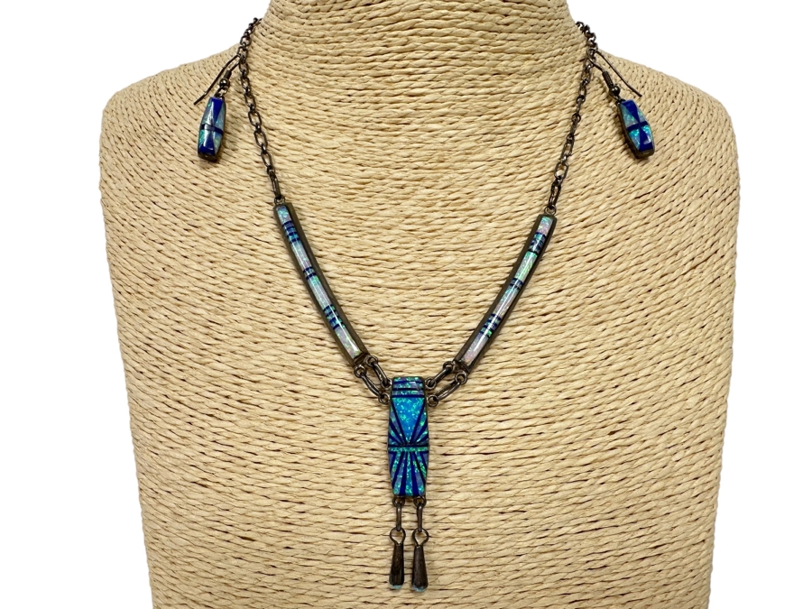 D. Lucio Native American Zuni Sterling Silver Pendant 16' Necklace With Matching Earrings 19.3g [CA] [Photo 1]